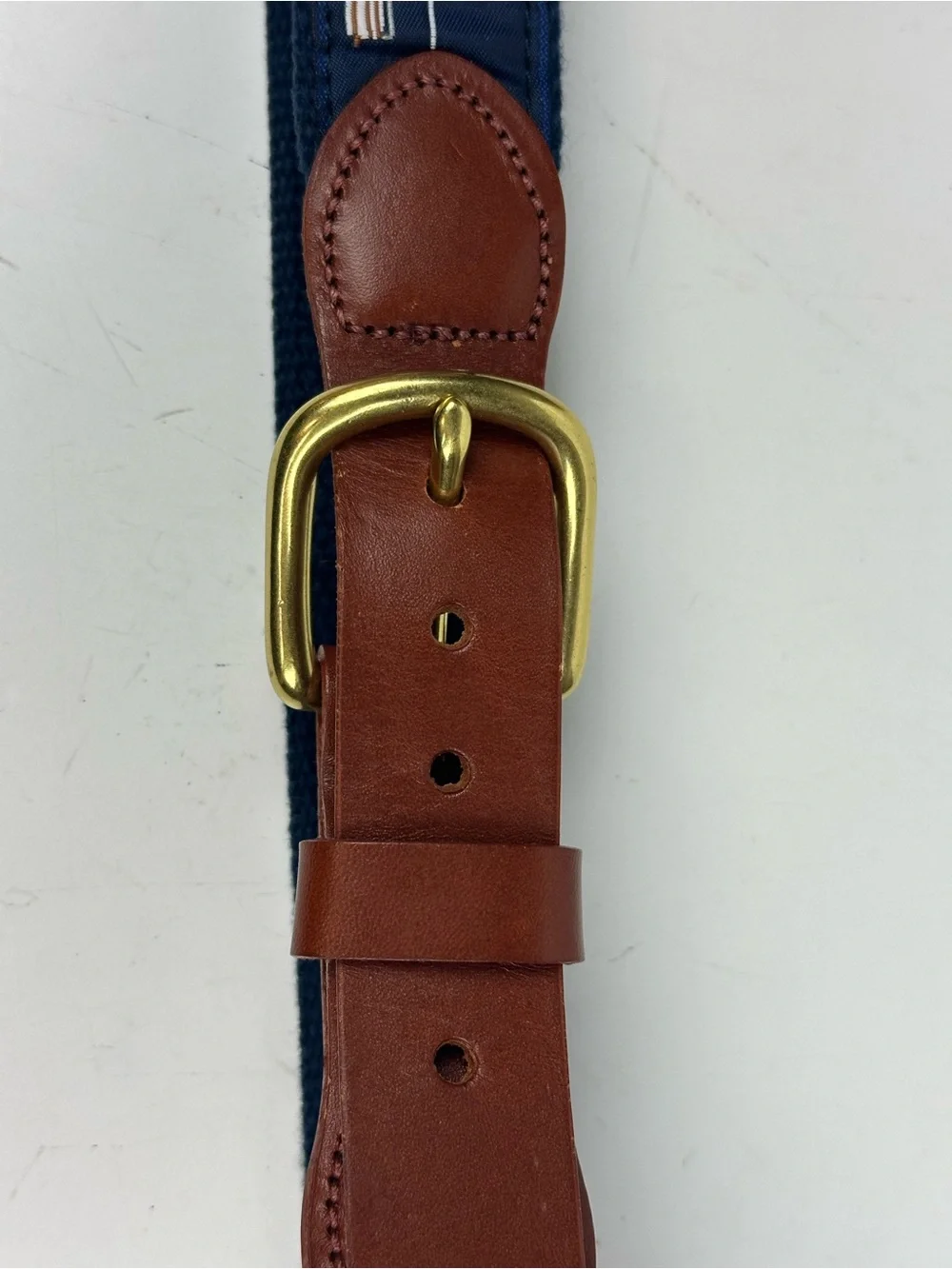Navy Embroidered Boat Belt with Brown Leather Trim
